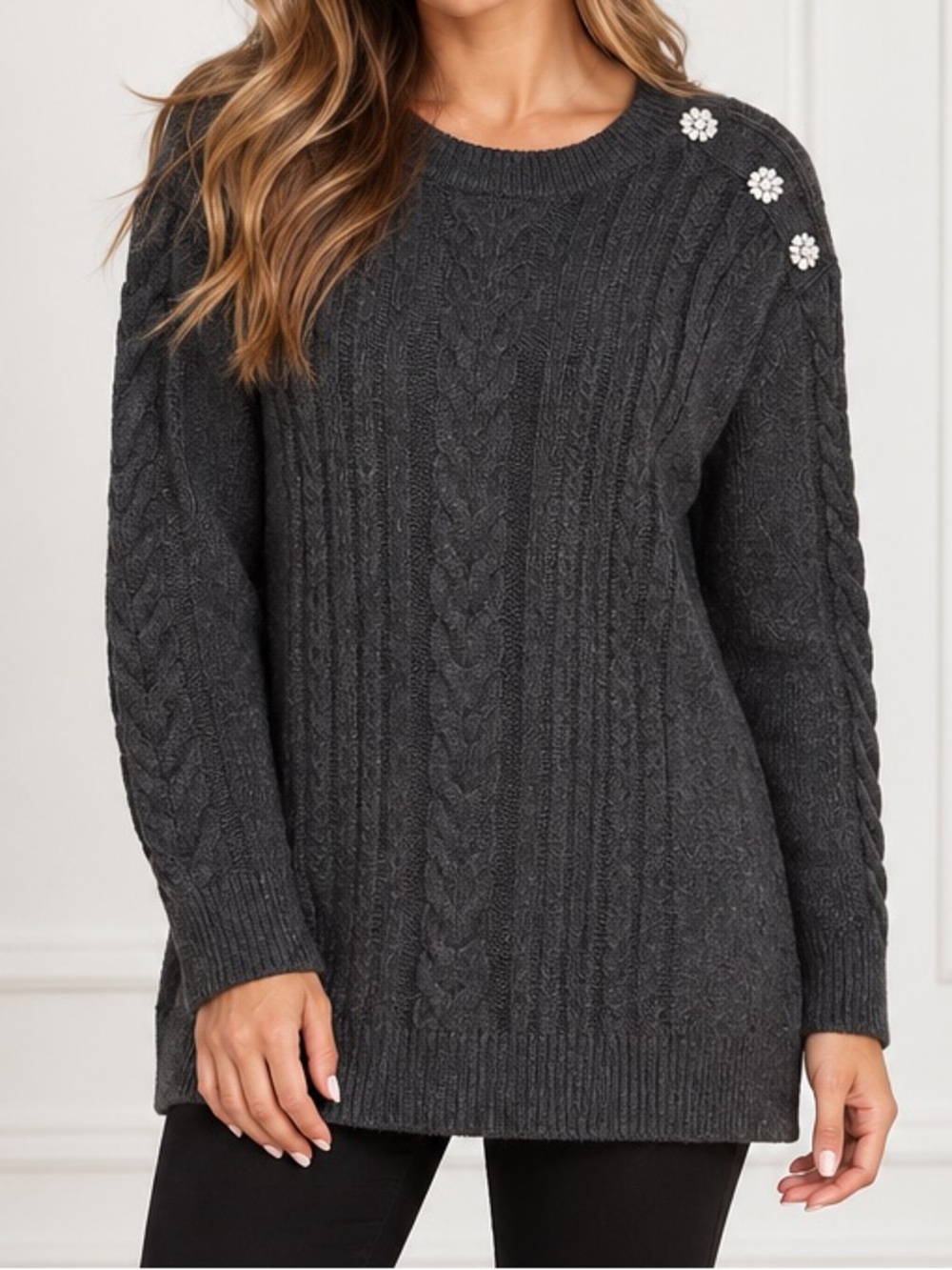 LOFT Charcoal Cable-Knit Crewneck Sweater with Pearl Buttons